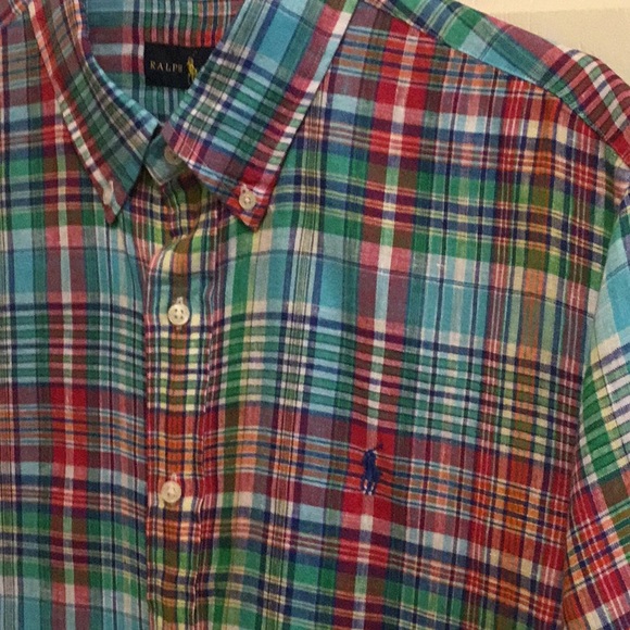 *EUC* Ralph Lauren linen plaid button down short sleeve shirt. Size XL. - Picture 2 of 5